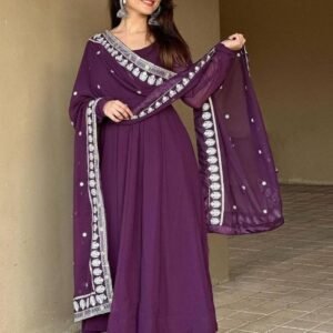 Georgette Wine Lakhnavi Kurti Pant Set With Dupatta