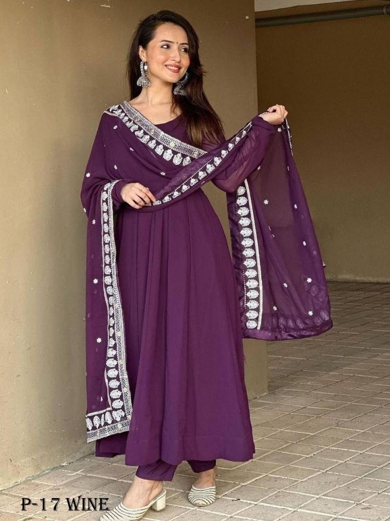 georgette wine lakhnavi kurti 1718341036 Georgette Wine Lakhnavi Kurti Pant Set With Dupatta
