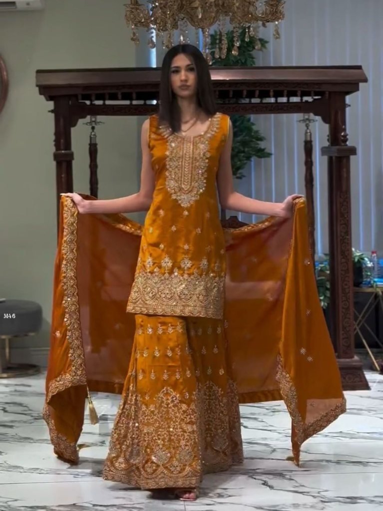 georgette with sequence touch 1743850478 Georgette With Sequence Touch Beautiful Mustard Yellow Sharara Suit
