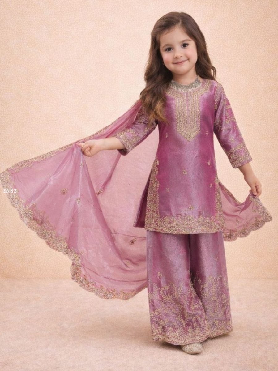 girls pink silk embroidered sh 1772526969 Girls Pink Silk Embroidered Sharara Set with Dupatta