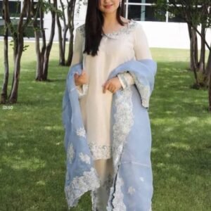 Glass Silk Embroidered Kurta Palazzo Set with Organza Dupatta for Women