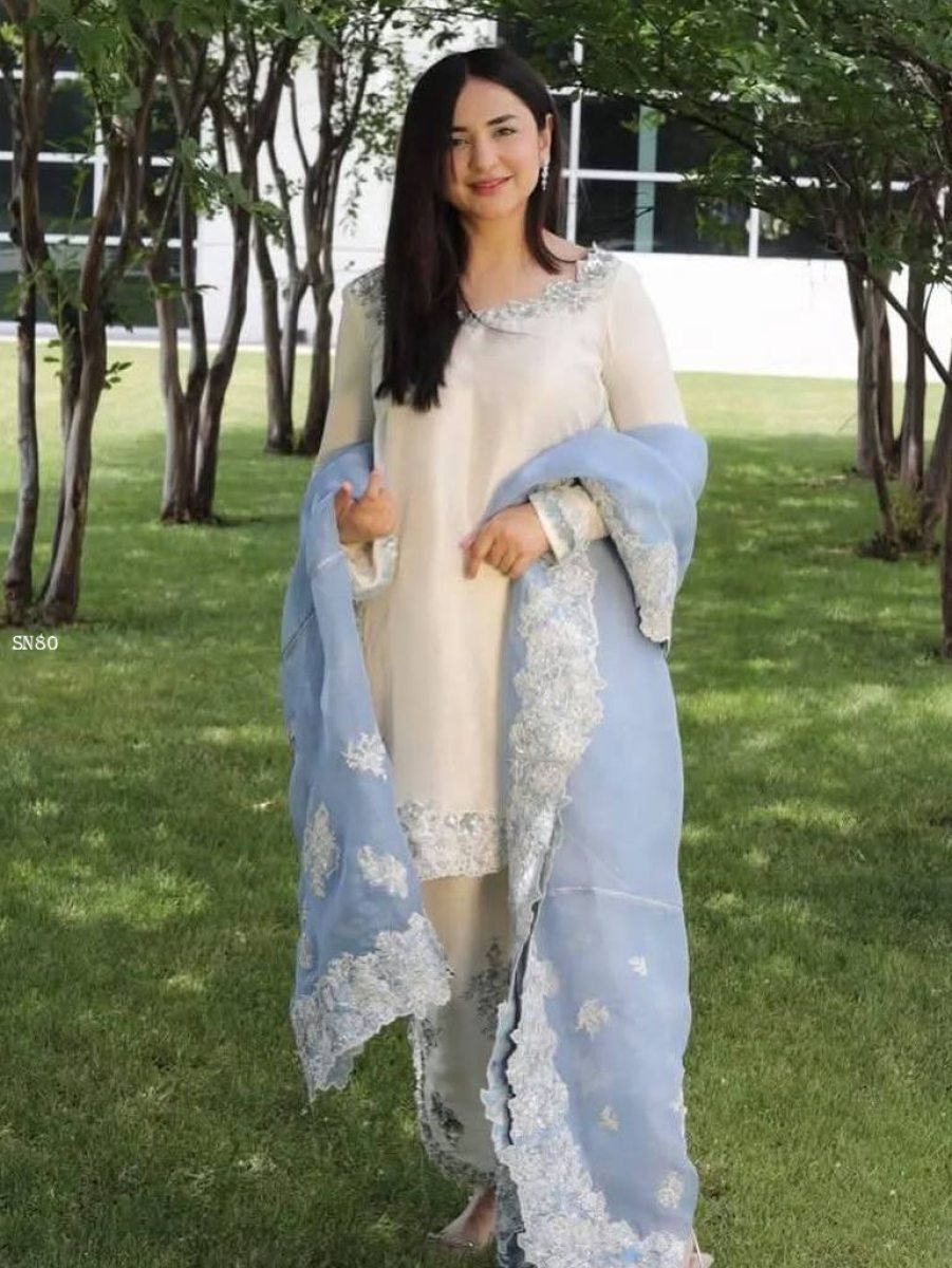 glass silk embroidered kurta p 1776073759 Glass Silk Embroidered Kurta Palazzo Set with Organza Dupatta for Women
