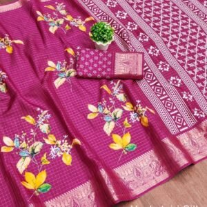 Gold Zari Pencil Pink Jacquard Dola Silk Kalamkari Printed Saree
