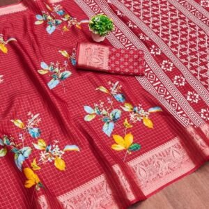Gold Zari Pencil Red Jacquard Dola Silk Kalamkari Printed Saree