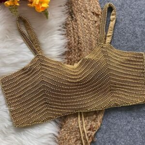 Golden Handcrafted Pearl Beads Work Sleeveless Blouse
