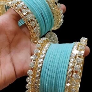 Golden Jhumki Bangle Set With Plain Velvet Light Sky Blue Color