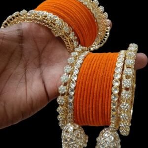 Golden Jhumki Bangle Set With Plain Velvet Orange Color