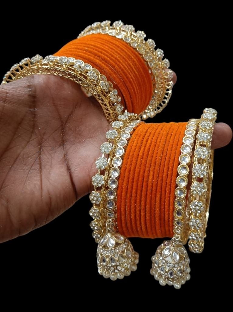 golden jhumki bangle set with 1720700611 Golden Jhumki Bangle Set With Plain Velvet Orange Color