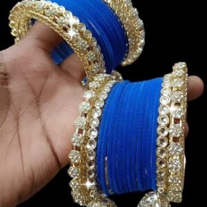 Golden Jhumki With Blue Velvet Bangle Set
