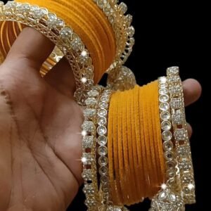 Golden Jhumki With Yellow Velvet Bangle Set