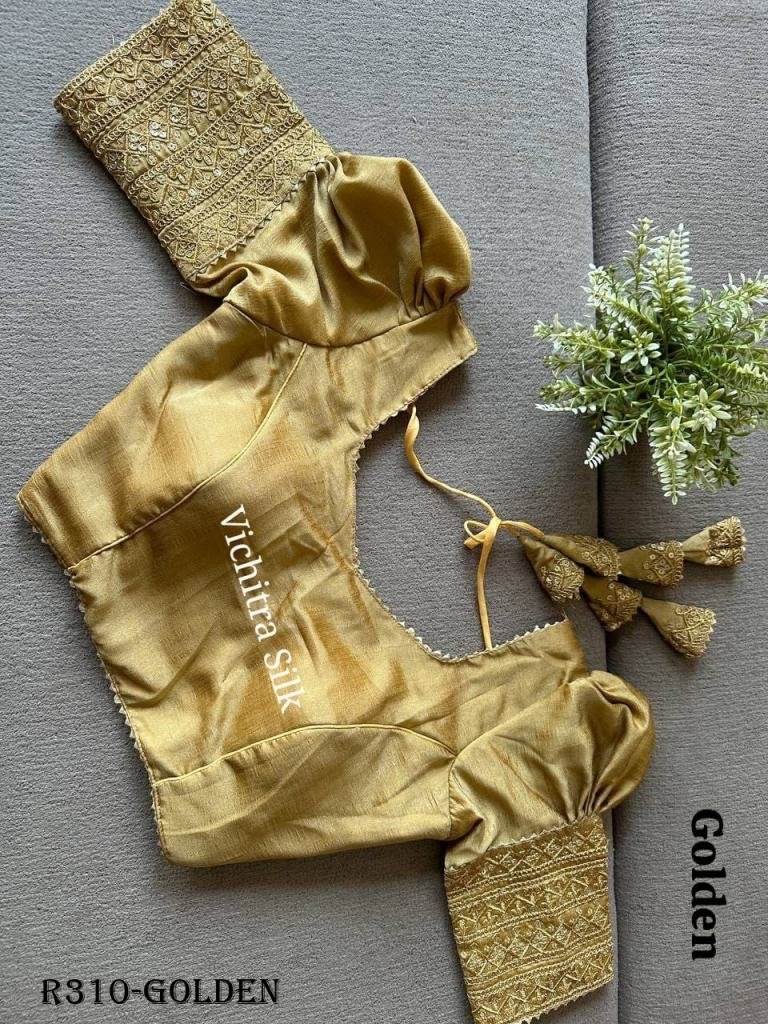 golden readymade vichitra silk 1726915365 Golden Readymade Vichitra Silk Blouse With Puff And Gota Less