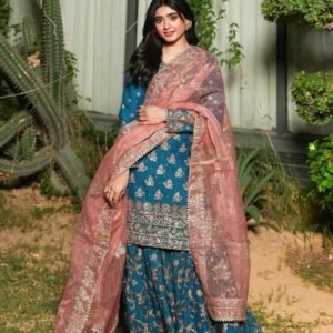 Good Quality Chinon Blue Sharara Suit With Georgette Dupatta