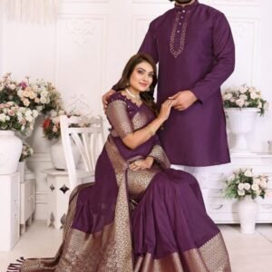 Good Quality Wine Dola Silk Saree With Kurta Pajama Set