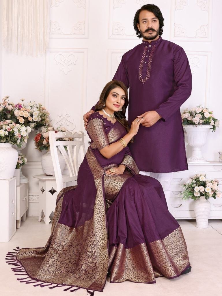 good quality wine dola silk sa 1748691509 Good Quality Wine Dola Silk Saree With Kurta Pajama Set