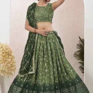Gorgeous Green Mukaish Work Digital Printed Lehenga Choli