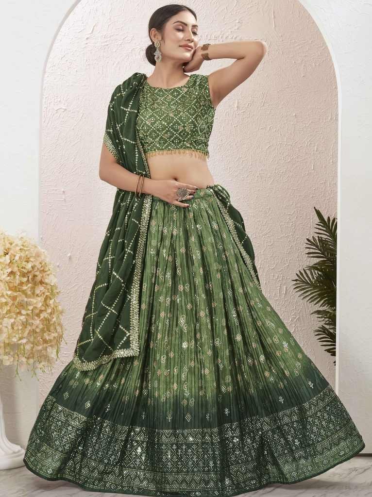 gorgeous green mukaish work di 1715086493 Gorgeous Green Mukaish Work Digital Printed Lehenga Choli
