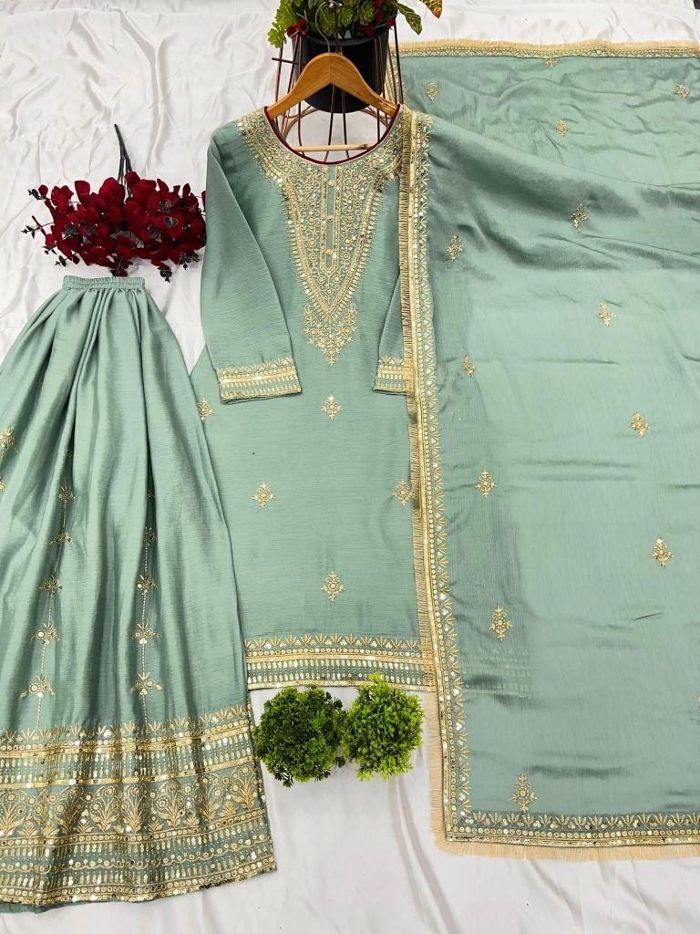 gorgeous party wear look chino 1738398641 Gorgeous Party Wear Look Chinon Silk Palazzo Dupatta Suits Set