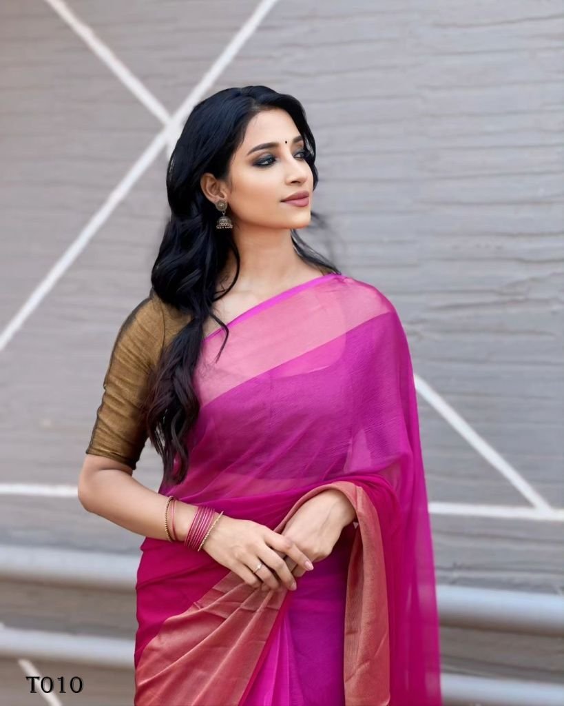 gorgeous purple color kasturi 1717676275 Gorgeous Pink Plain Chiffon Ready to wear Saree