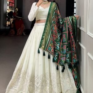 Gorgeous White Lucknowi Georgette Lehenga Choli with Patola Border Green Dupatta