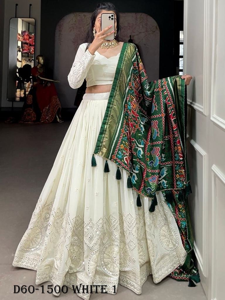gorgeous white lucknowi george 1718965124 Gorgeous White Lucknowi Georgette Lehenga Choli with Patola Border Green Dupatta