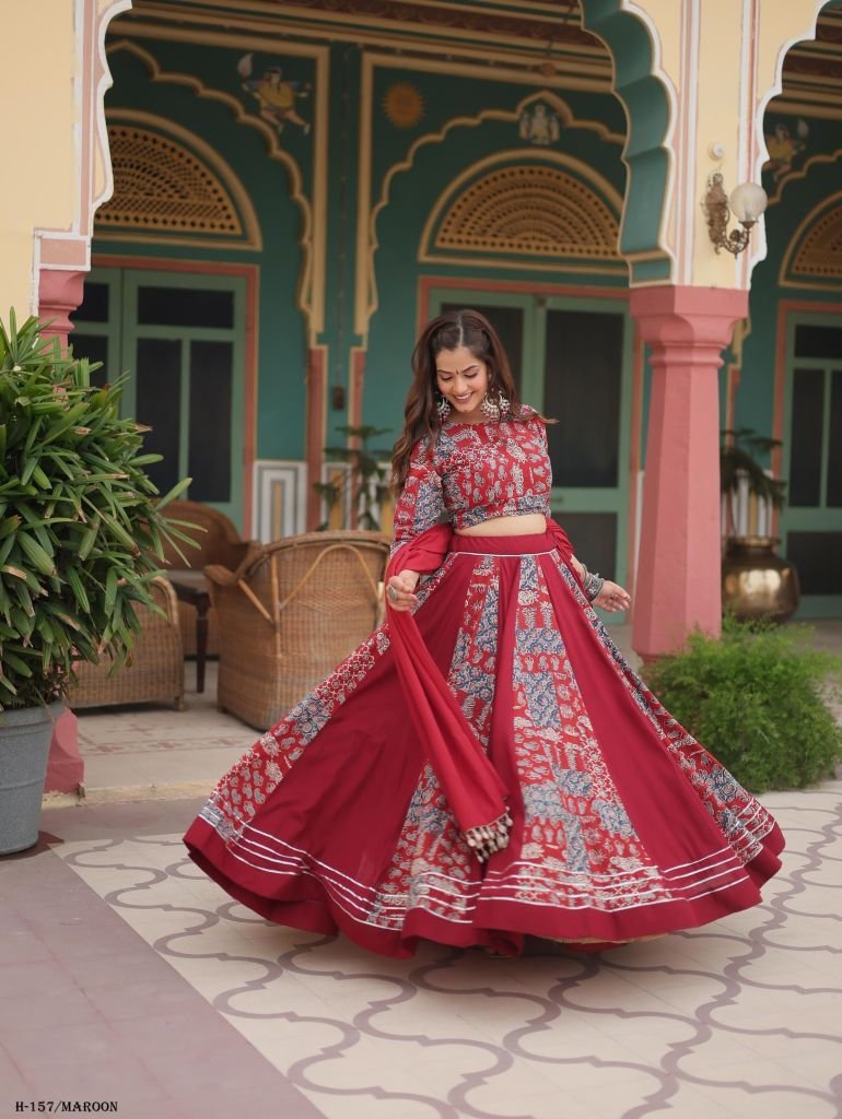 gota patti lace printed rayon 1726662642 Gota Patti Lace Printed Rayon Maroon Lehenga Choli