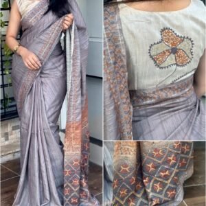 Gray Color Varshitha Digital ajrakh print saree with handmade khatha work
