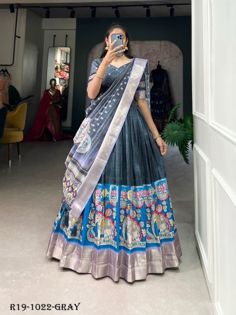 gray kalamkari printed dola si 1717751370 Gray Kalamkari Printed Dola Silk Lehenga Choli