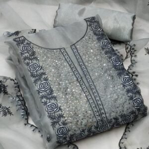 Gray Sequense Work Organza Dress Material