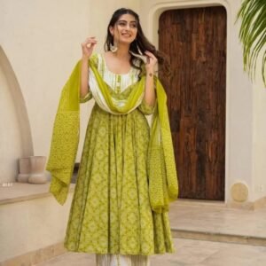 Green Anarkali Printed Kurti Set With Dupatta