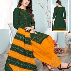 Green And Orange Pure Cotton Readymade Printed Patiala Suits With Dupatta