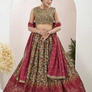 Green and Red Printed Mukaish Work Lehenga Choli