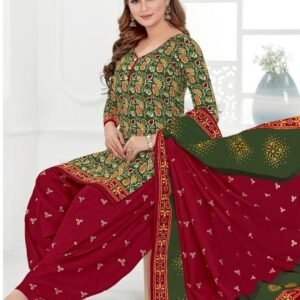 Green And Red Pure Cotton Readymade Printed Patiala Suits