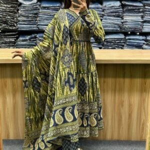 Green Angarkha Style Printed Cotton Anarkali Kurti Set