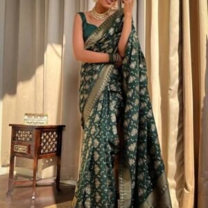 Green Banarsi Soft Silk Saree With Unstich Blouse