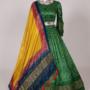 Green Bandhej Digital Printed Pure Gaji Silk With Yellow Dupatta