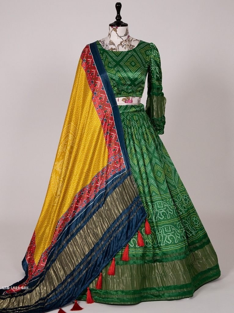 green bandhej digital printed 1712742345 Green Bandhej Digital Printed Pure Gaji Silk With Yellow Dupatta