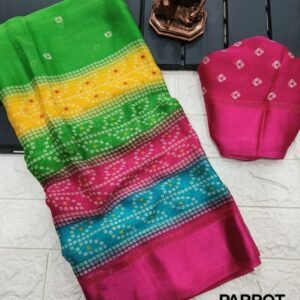 Green Bandhej Print Moss Chiffon Saree
