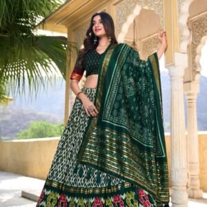 Green Beautiful Ikkat Printed Tussar Silk Lehenga Choli With Foil Work