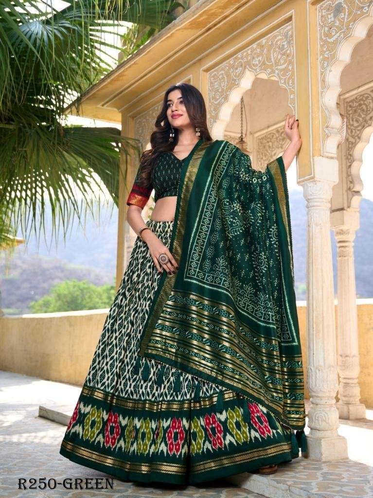 green beautiful ikkat printed 1724921606 Green Beautiful Ikkat Printed Tussar Silk Lehenga Choli With Foil Work