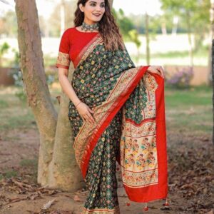 Green Beautiful Wedding Foil Printed Dola Silk Saree With One Meter Blouse