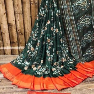 Green Color Beautiful Chiffon Jari Sarees with Flower Print