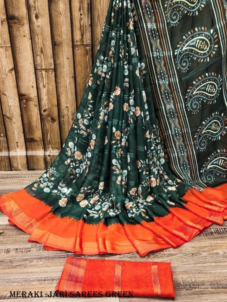 green color beautiful chiffon 1717235844 Green Color Beautiful Chiffon Jari Sarees with Flower Print