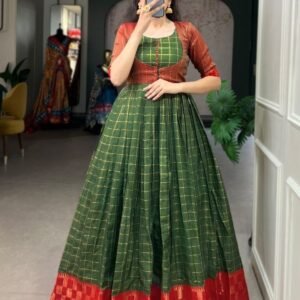 Green Color Zari Weaving Work With Zari Chex Wedding Dress