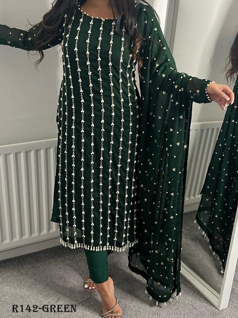 green designer foux georgette 1720774846 Green Designer Foux Georgette Suits With Rivet Moti Work or Thread Work