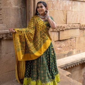 Green Digital Printed Cotton Lehenga