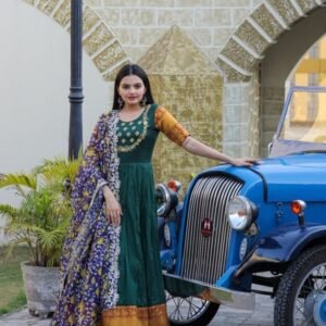 Green Embroidered Work Weaving Silk Readymade Gown