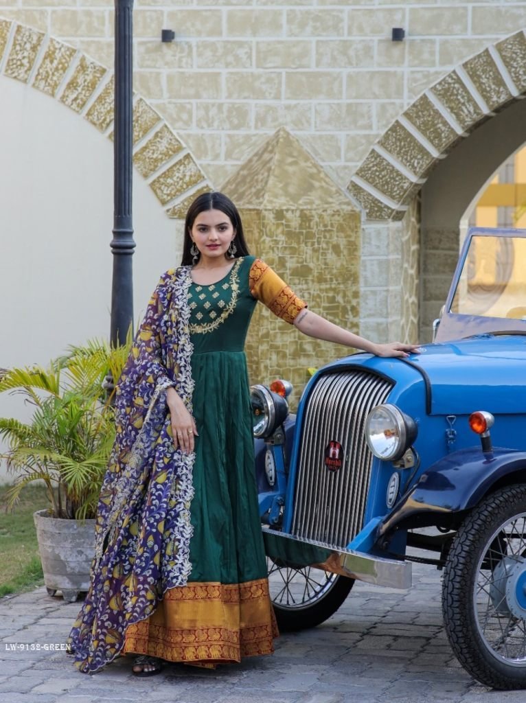 green embroidered work weaving 1714729486 Green Embroidered Work Weaving Silk Readymade Gown