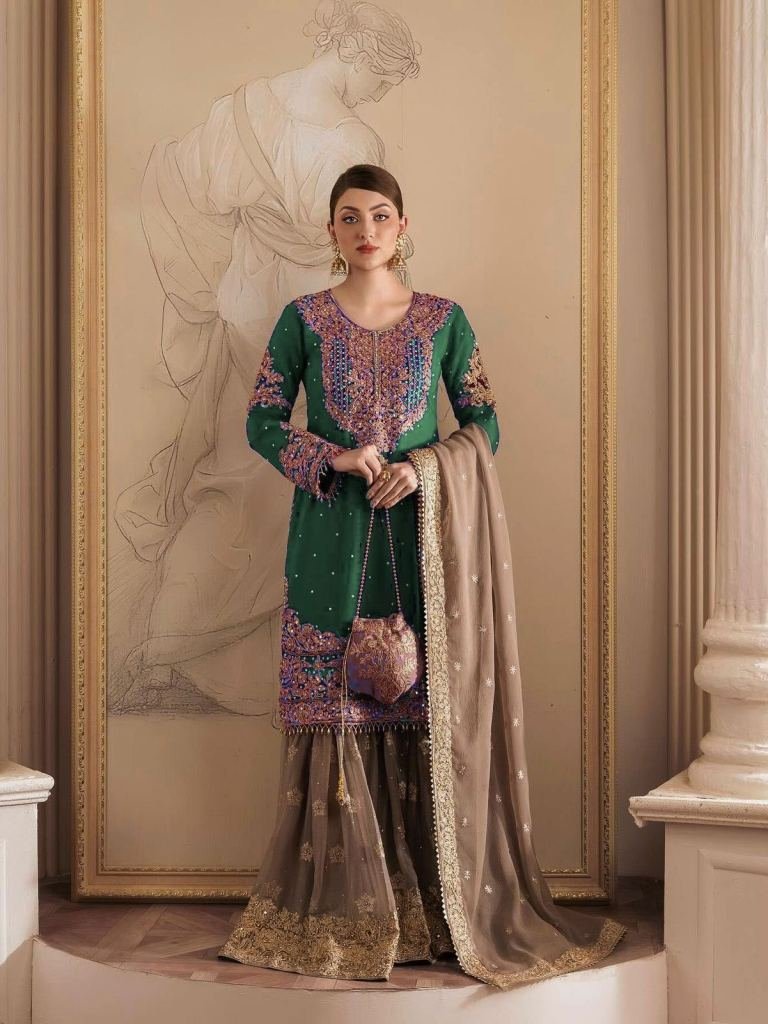 green exclusive heavy work fau 1732278861 Green Exclusive Heavy Work Faux Georgette Pakistani Sharara Suits