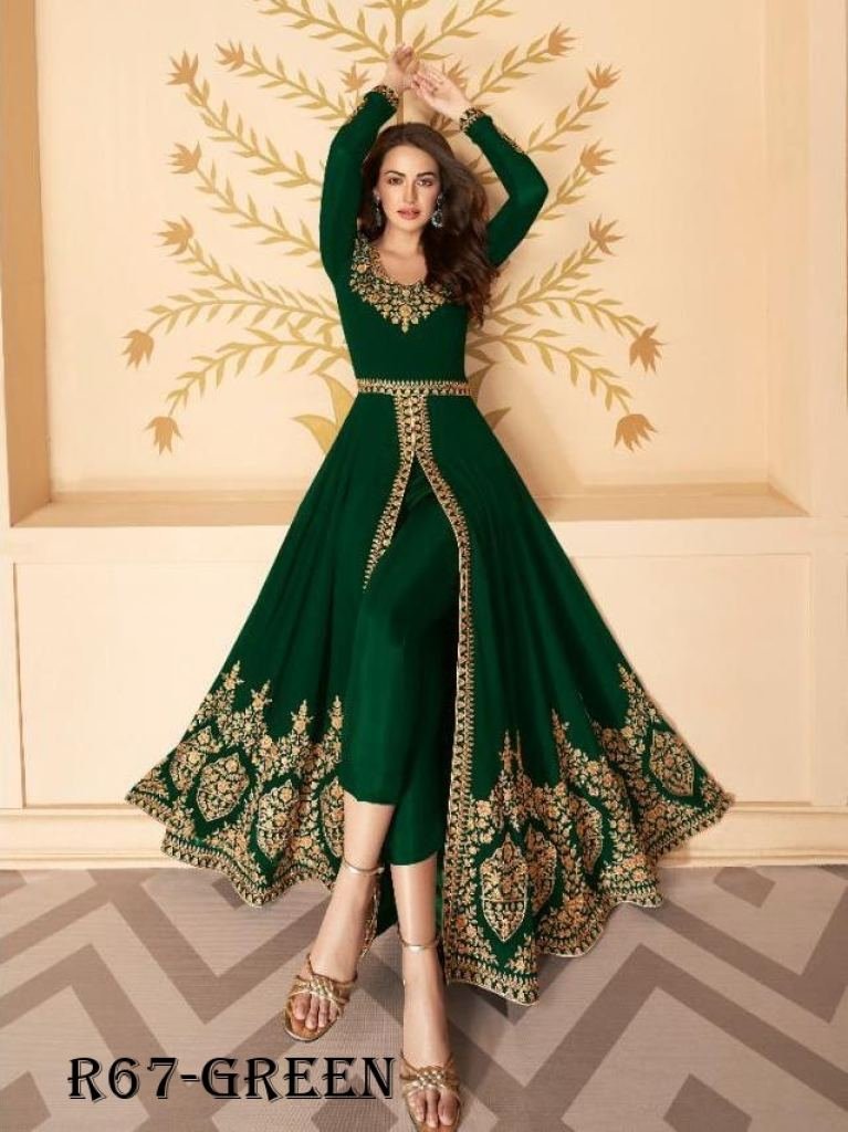 green fancy georgette semi sti 1718446124 Green Fancy Georgette Semi Stitched Suits With Full Flair