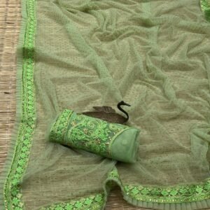 Green Fancy Party Wear Net Saree with Embroidery Work